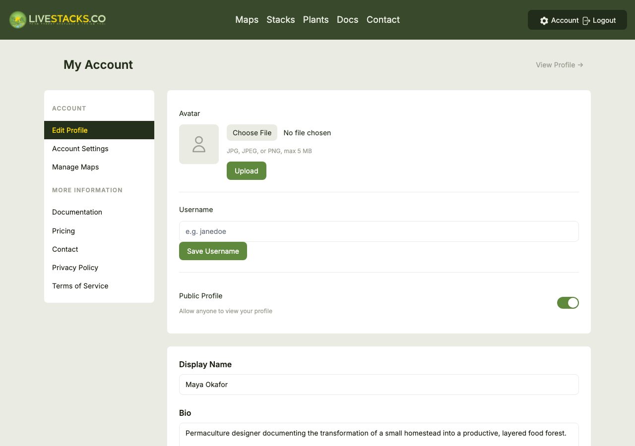 The account profile settings page/form with fields for username, display name, avatar, bio, location, and a public/private toggle.