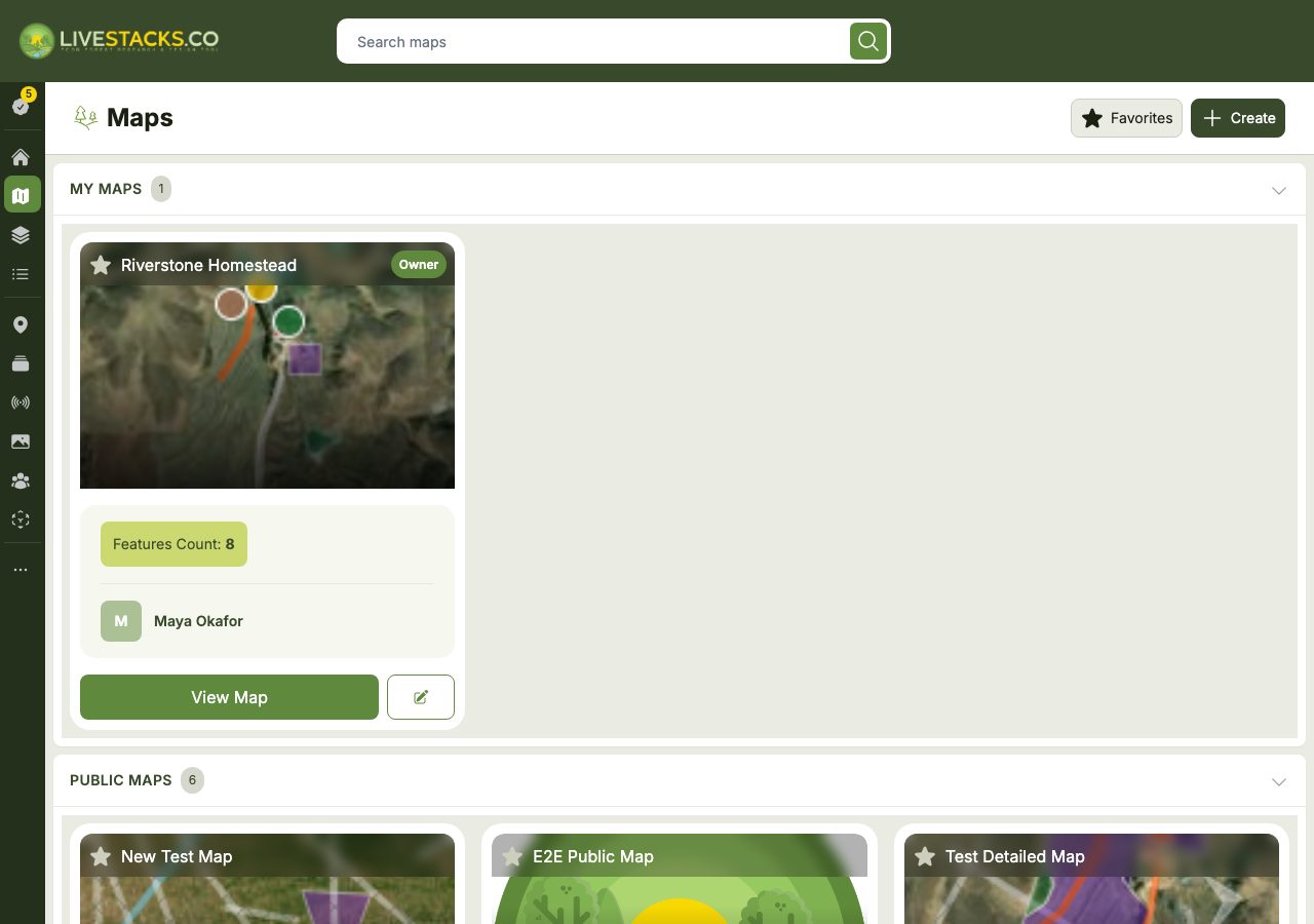 The Maps page listing the user's maps as cards, used to view and switch which map is active.