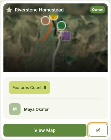 A Map card on the Maps page (Riverstone Homestead) with its edit (pencil) button ringed/highlighted.