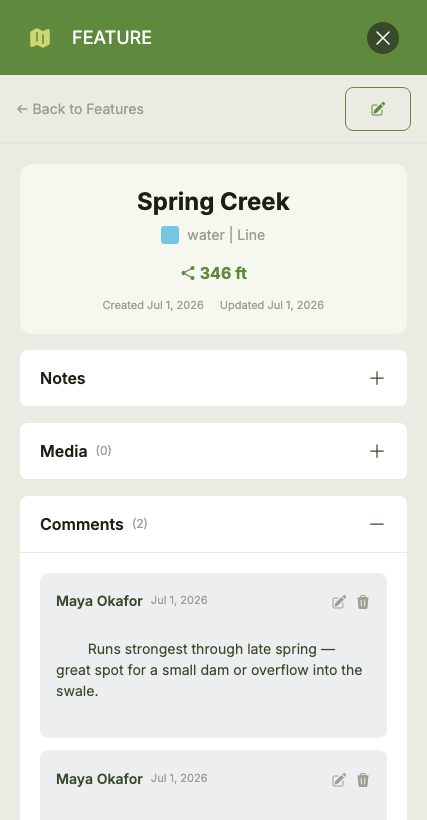 A map feature's detail panel (Spring Creek) with the Comments section expanded, showing a conversation thread of comments with author names and dates.