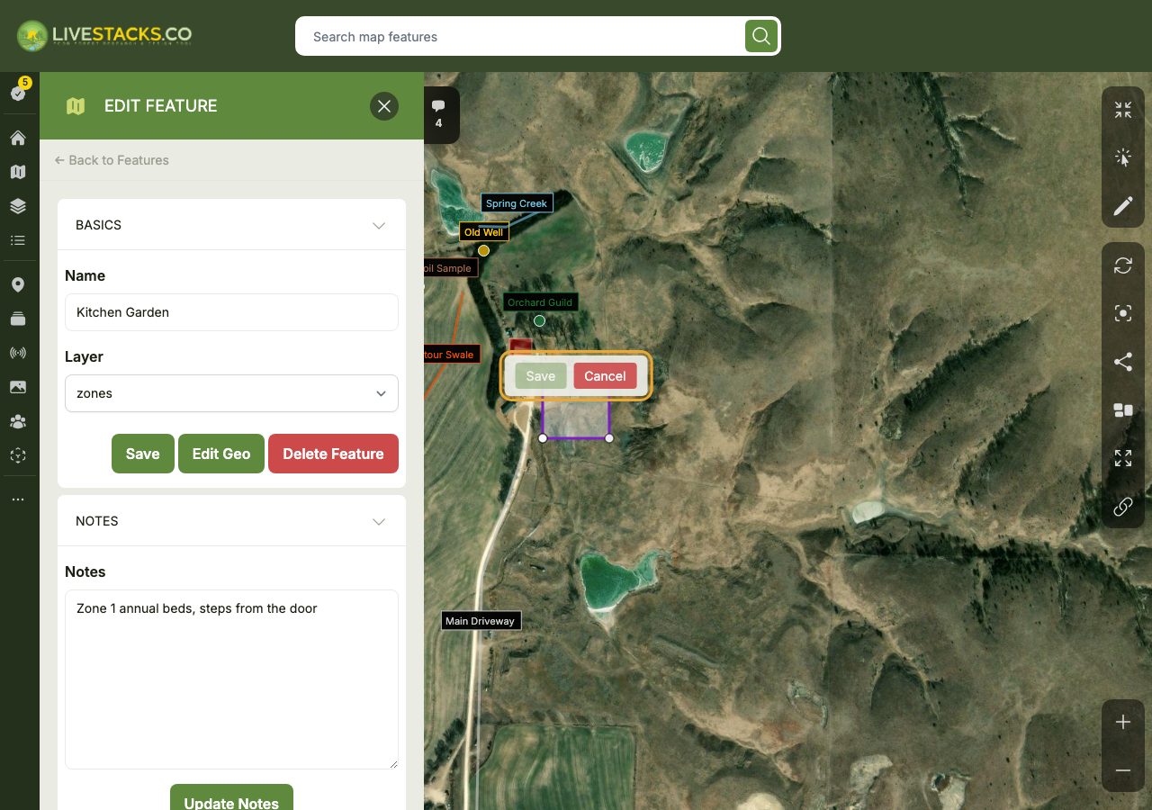 A polygon feature on the map in geometry-editing mode: draggable handles at each of its vertices and a Save / Cancel control positioned over the feature, with the feature's edit form still open in the panel alongside.