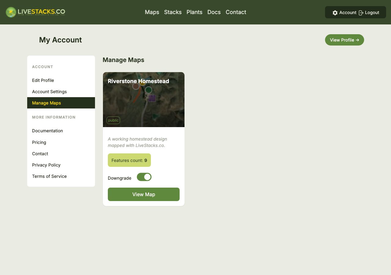 The account Maps settings page listing the user's maps with controls to manage each map's subscription.