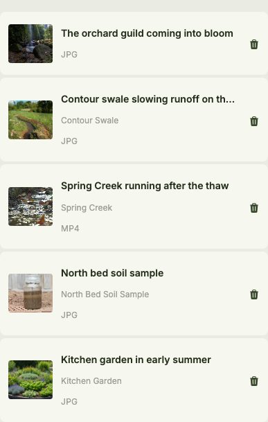 The Media panel's gallery of uploaded photo/video thumbnails, each shown with its description and any linked feature.