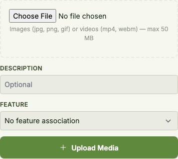 The Media panel's Upload form: a file chooser, a description field, and an optional 'Feature' association dropdown, with an 'Upload Media' button.