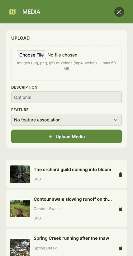The Map Media panel showing the media upload form at the top and, below it, a gallery of uploaded media items with descriptions and optional linked features.