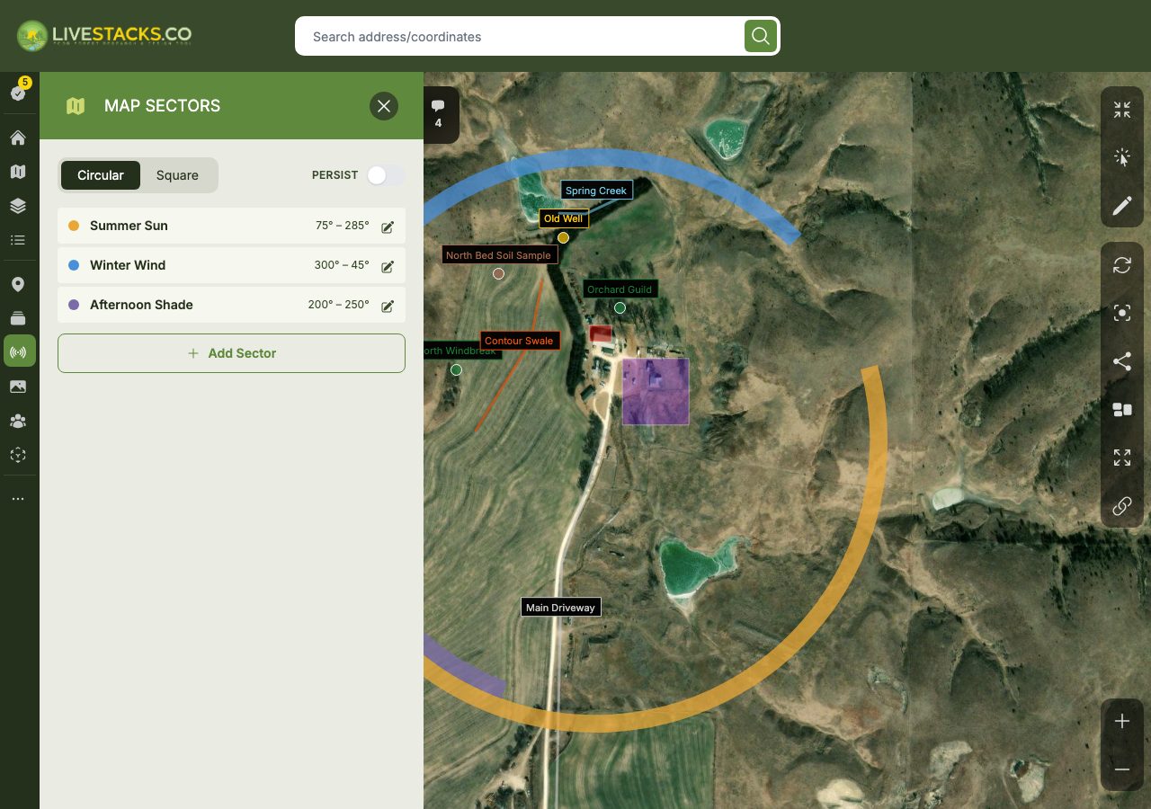 The Map Sectors panel (listing Summer Sun, Winter Wind and Afternoon Shade with colour dots and angle ranges, plus an 'Add Sector' button) with the sectors drawn as coloured arcs over the satellite map beside it.