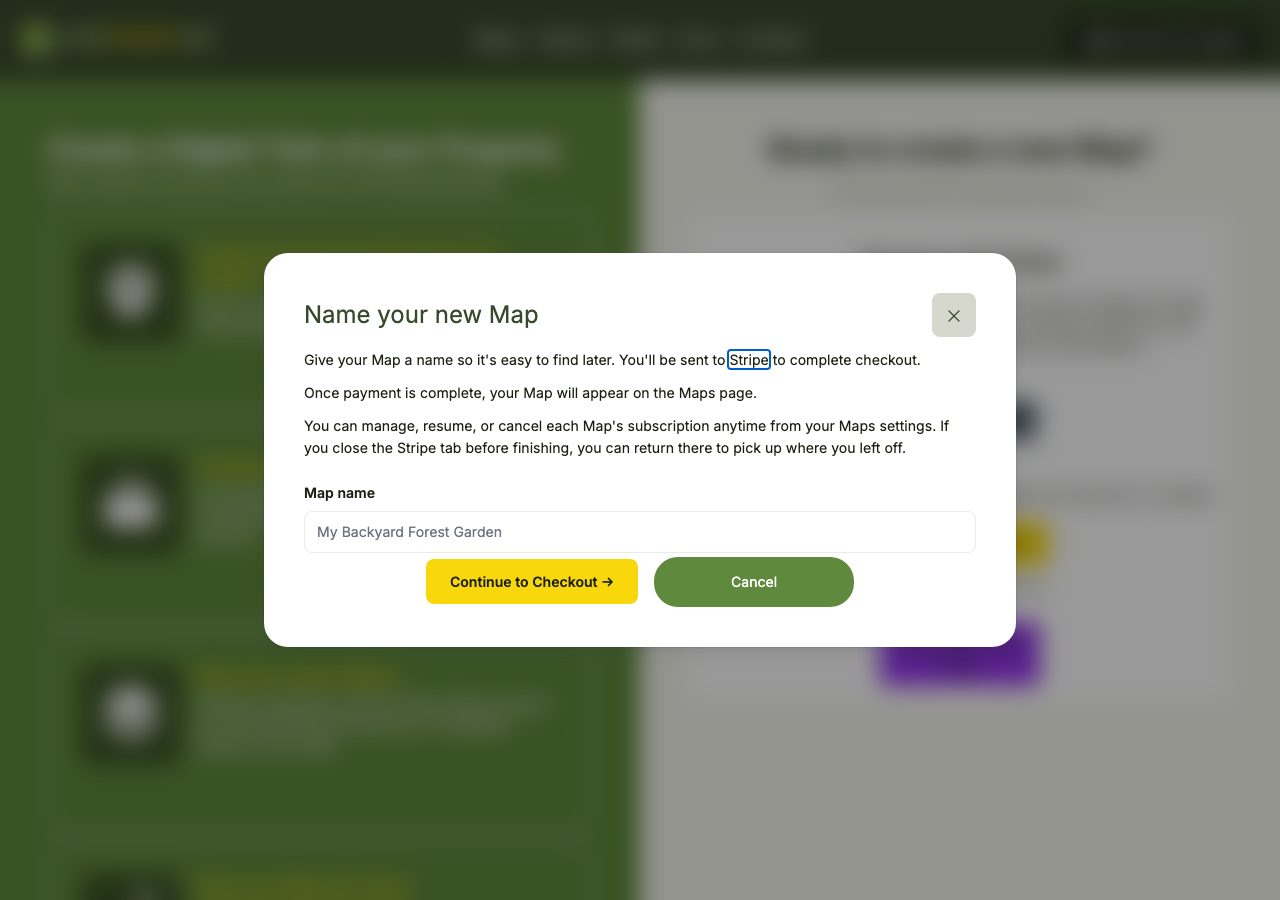A 'Name your new Map' modal with an explanatory paragraph, a Map name text field, and 'Continue to Checkout' and Cancel buttons.