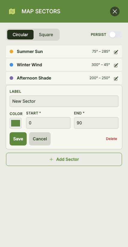 The Map Sectors panel with the Add/Edit Sector form open, showing Label, Colour, and Start°/End° angle fields with Save/Cancel/Delete controls.