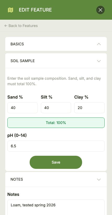 A soil-layer feature's edit form showing the Soil Sample section with Sand %, Silt % and Clay % inputs totalling 100%, and a pH (0-14) field.