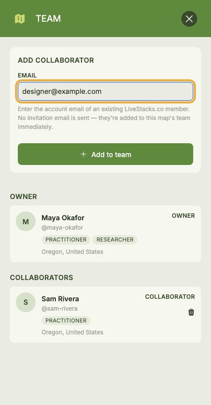 The map Team panel's 'Add Collaborator' email field ringed/highlighted (with a sample email entered), used to invite a collaborator by their account email.