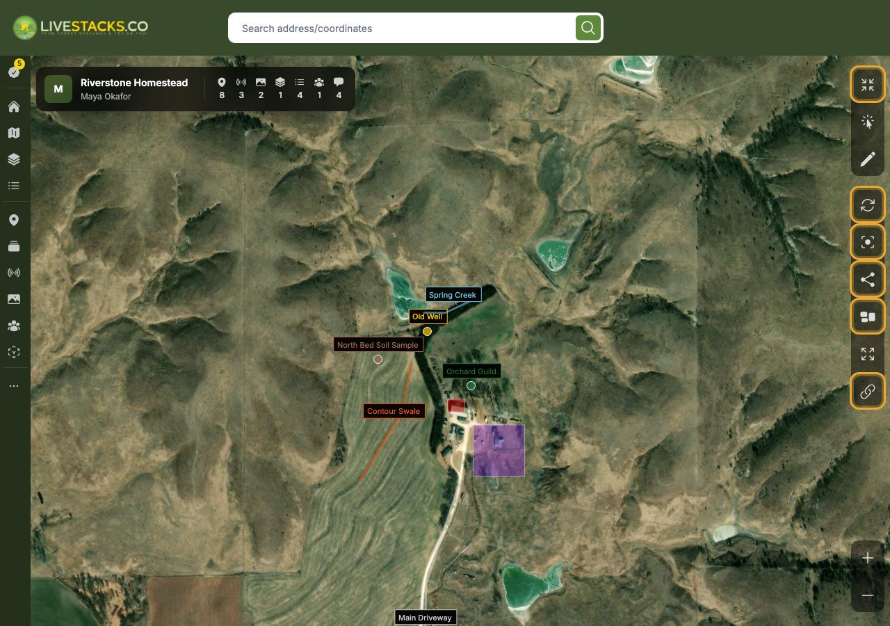 The map view over satellite imagery with the top-right column of tool controls (Center, Draw, Rotate, Coords, Measure, Share, Full, etc.) ringed/highlighted.