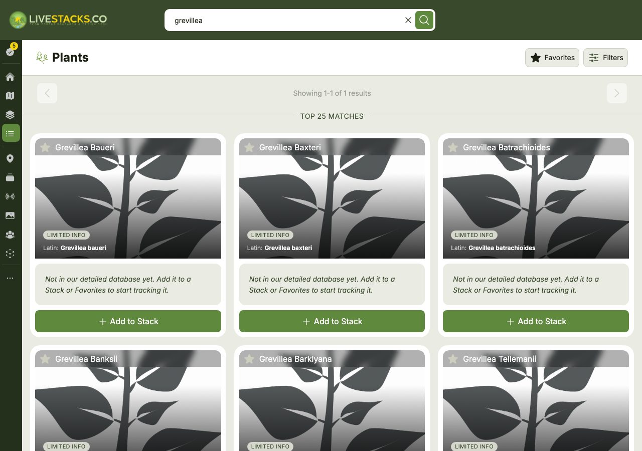 The Plants page after searching for a plant not in the curated database, showing any curated results followed by a 'Top Matches' section of name-only results listed by scientific name.