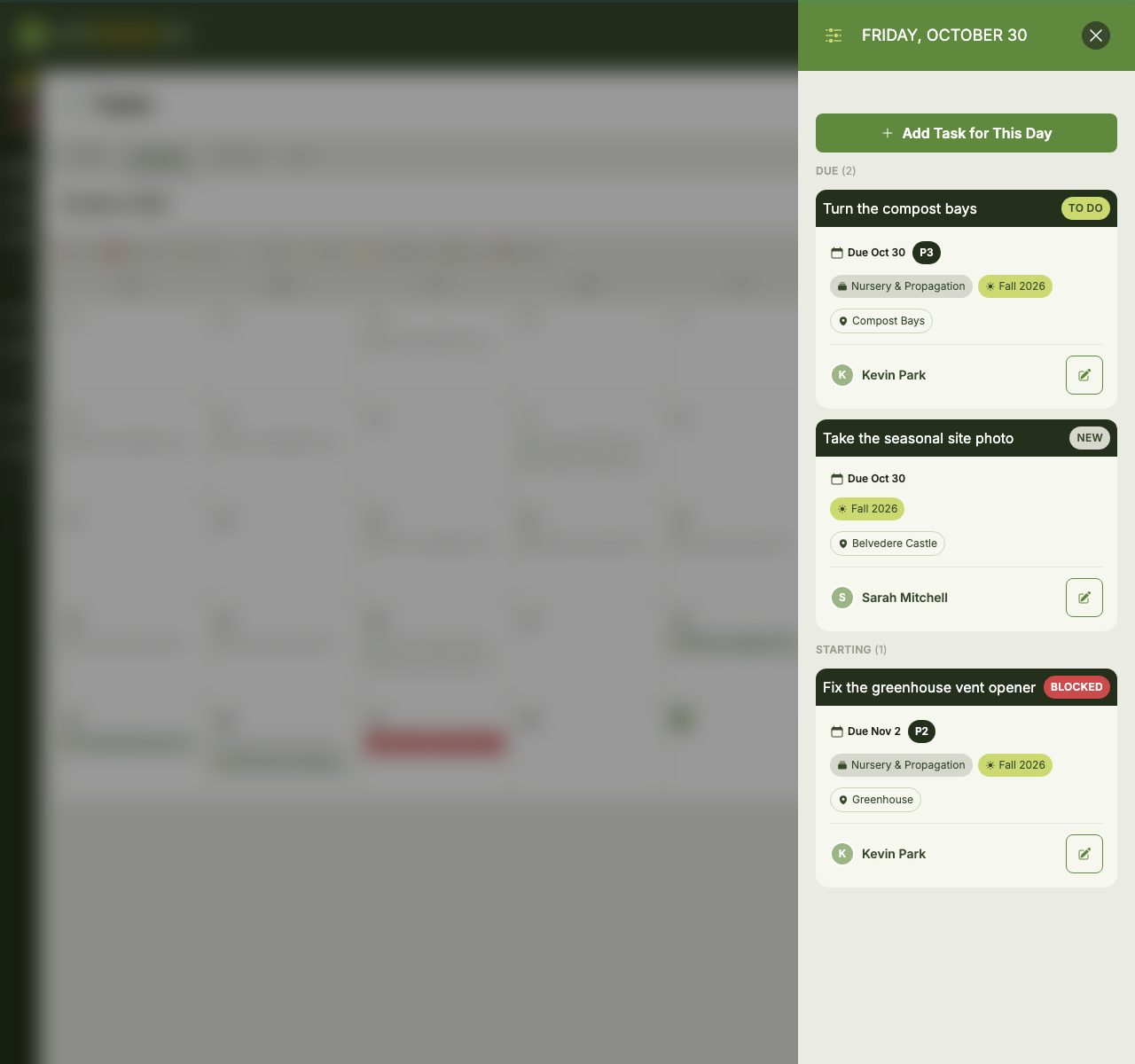 The Calendar day drawer for a single date: an 'Add Task for This Day' button at the top, followed by 'Due' and 'Starting' sections listing that day's Task cards.