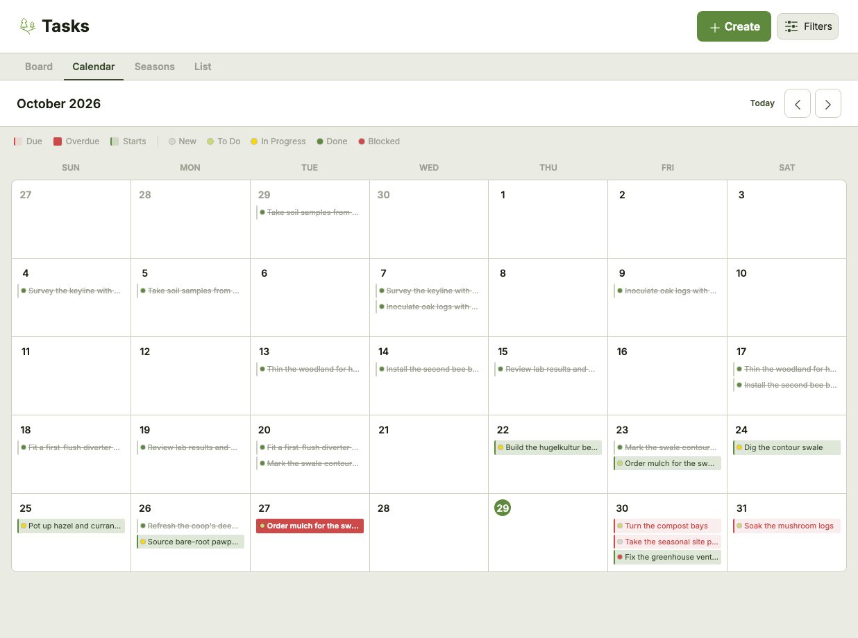 The Tasks Calendar tab showing a month grid with today's date highlighted, Task titles on their start (green) and due (red) days with a small status dot beside each, and a legend for Due, Overdue, Starts and each status above the grid.