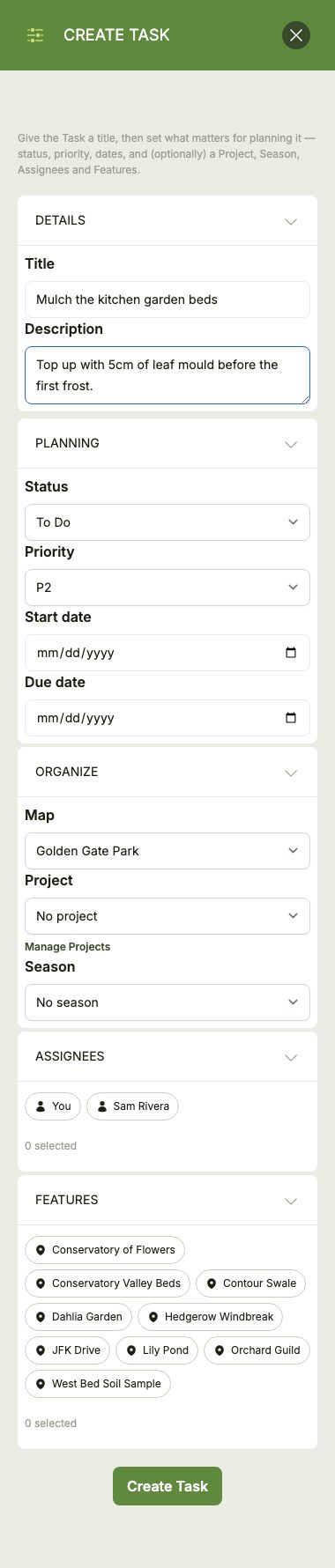 The 'Create Task' drawer with an example Task filled in, showing the collapsible Details (Title, Description), Planning (Status, Priority, Start date, Due date), Organize (Map, Project, Season), Assignees and Features groups, with a Create button at the bottom.