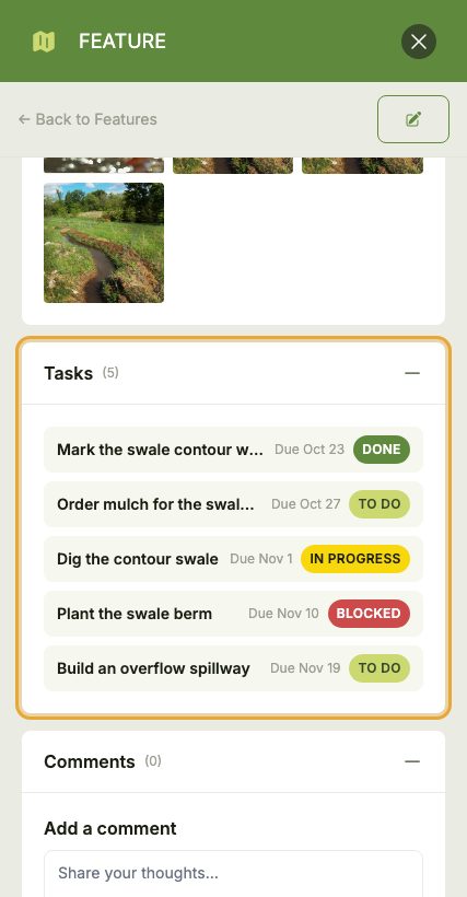 A Map Feature's detail panel with its Tasks section expanded, listing the Tasks linked to that Feature with their titles, status and due dates.