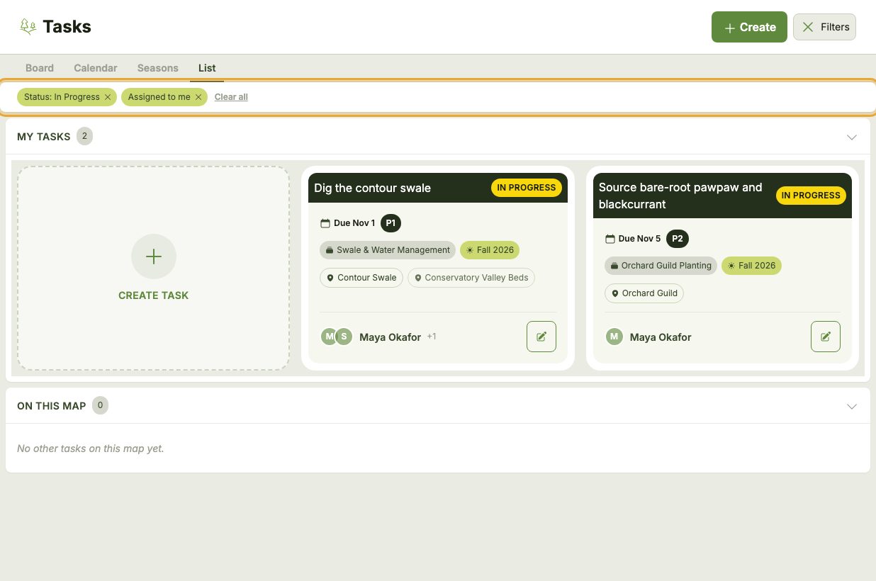 A row of applied-filter tags above the Task cards, such as 'Status: In Progress' and 'Assigned to me', each with an x to remove it, followed by a 'Clear all' link.