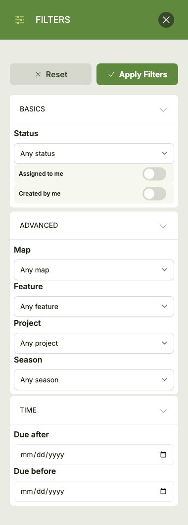 The Tasks Filters drawer: a Basics group (Status select, 'Assigned to me' and 'Created by me' toggles), an Advanced group (Map, Feature, Project and Season selects) and a Time group (Due after and Due before dates), with Apply and Reset buttons.