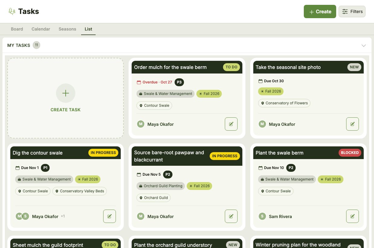The Tasks page on the List tab, with Board/Calendar/Seasons/List tabs below the header, and a 'My Tasks' section of Task cards led by a dashed 'Create Task' tile.