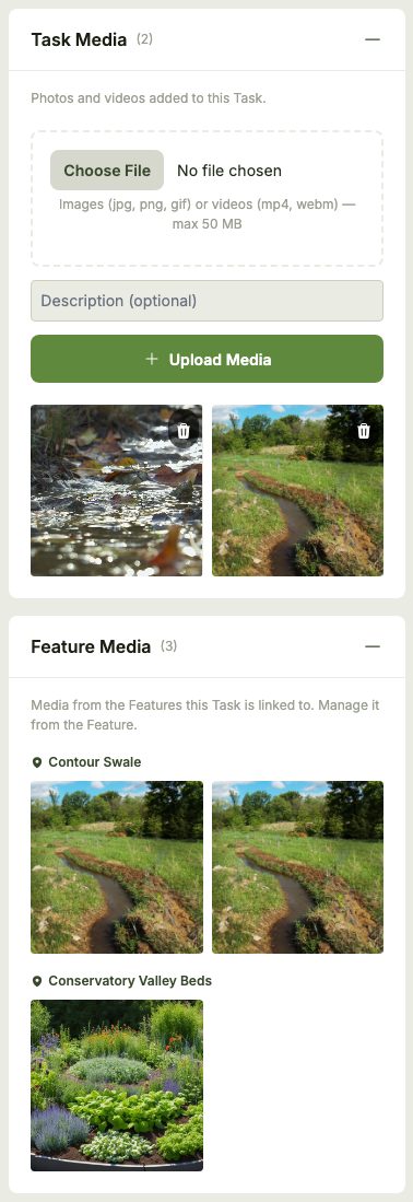 The Task Media and Feature Media panels on a Task's page: an upload form with an optional description and a grid of the Task's photos, and below it a grid of photos grouped by linked Feature.