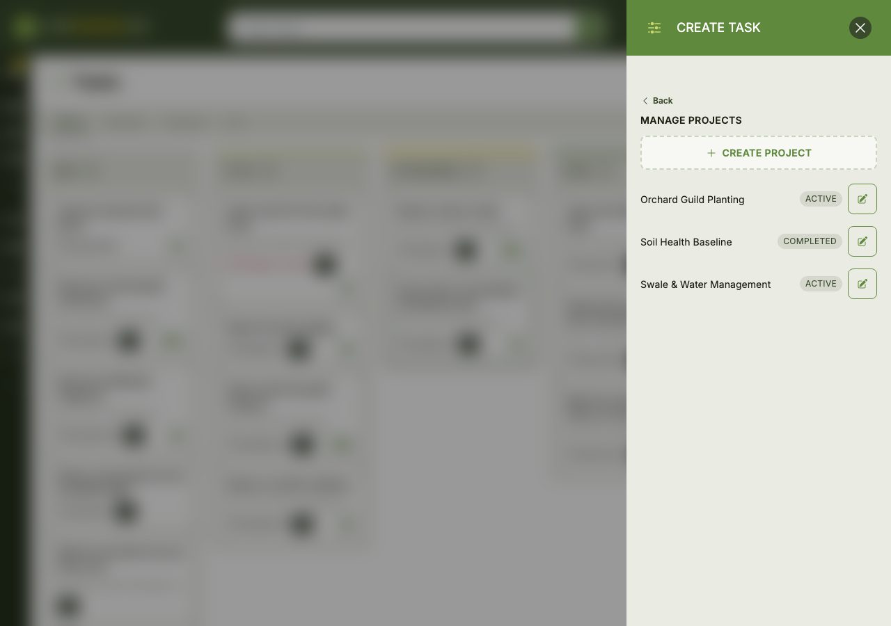 The 'Manage Projects' panel inside the Task form drawer: a back button, a dashed 'Create Project' button, and a list of the Map's Projects with their status and an edit button on each.