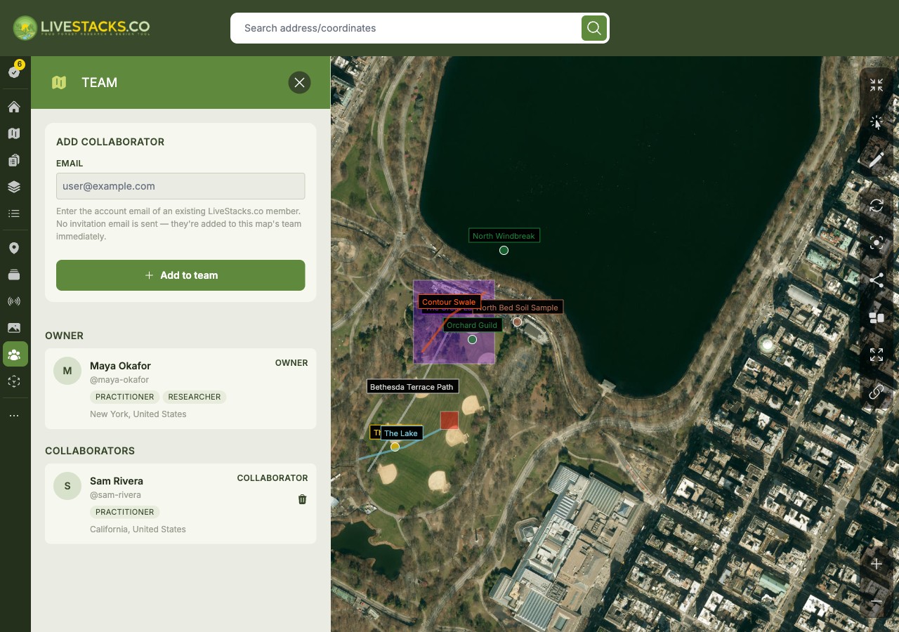 The Team panel on a LiveStacks Map, with its owner and collaborators